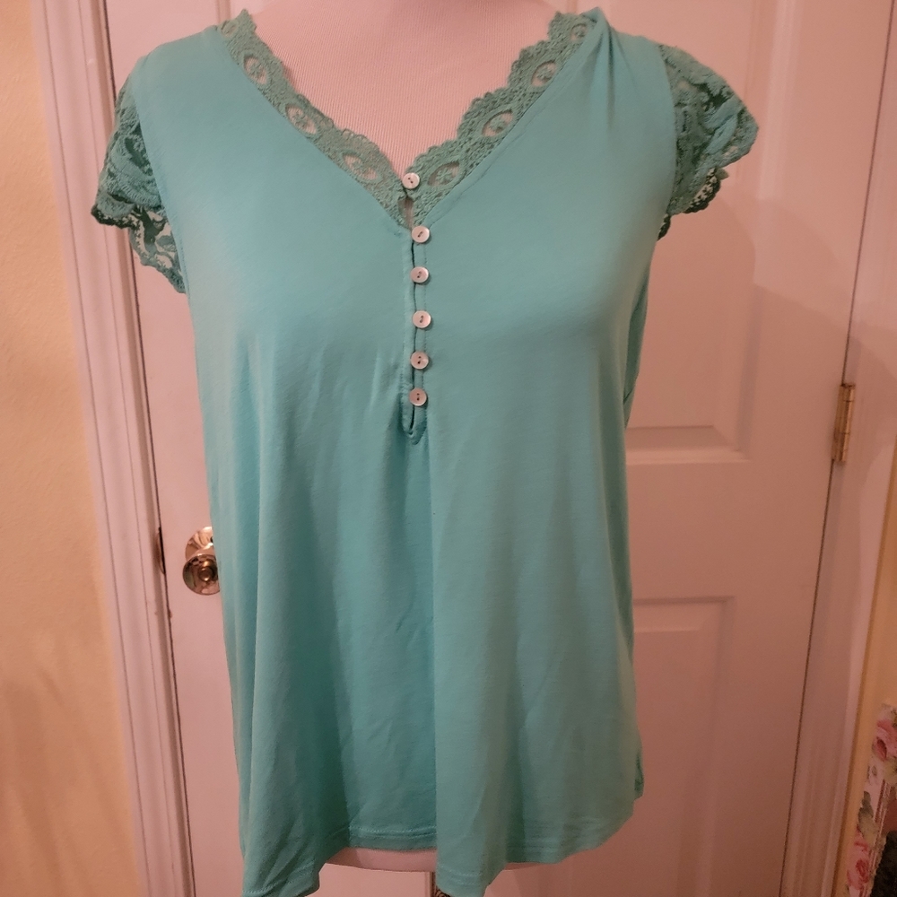Teal Lace Sleeve Top - Picture 2 of 3